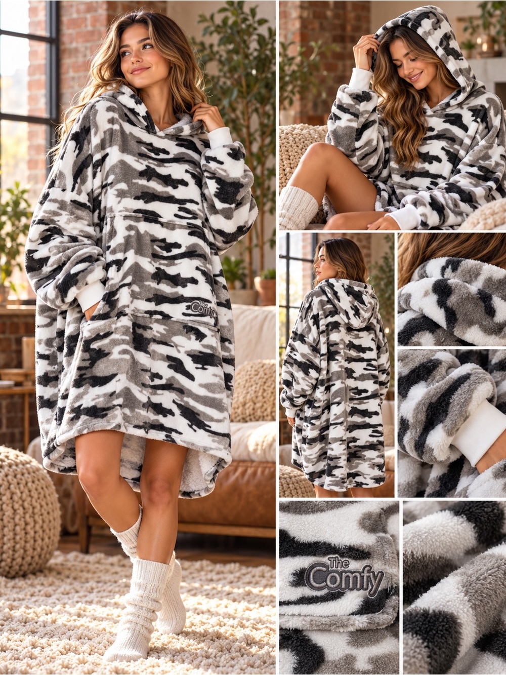THE COMFY Ultra Plush Wearable Blanket — Black and White Camo — One Size